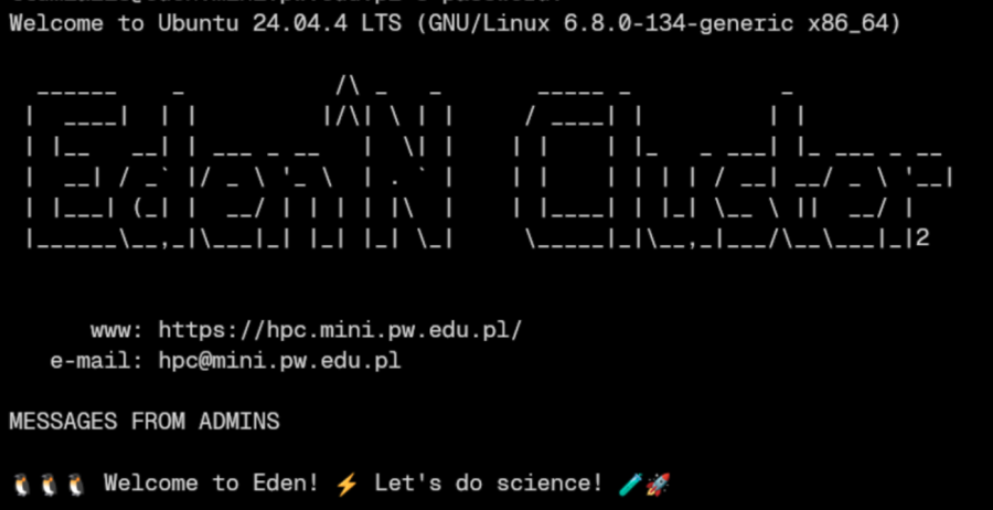 Eden welcome screen after logging in